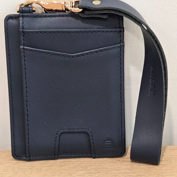 NEW Andar The Denner Wristlet Leather Wallet Navy ID Card Pull Minimalist RFID - Picture 4 of 7